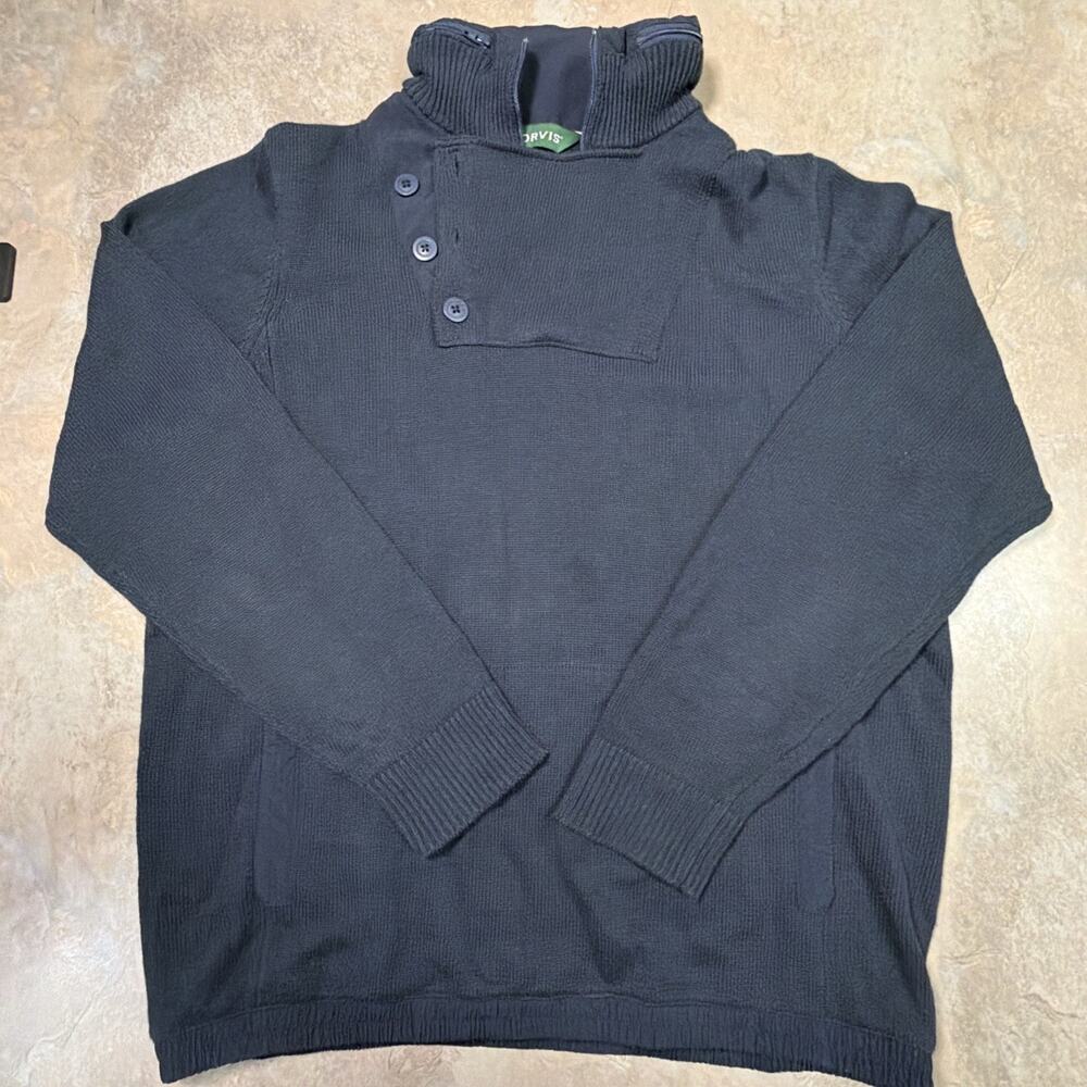 Orvis Sweater Mens Large Navy Knit Hooded Quarter Zip Button Placket Nylon Trim